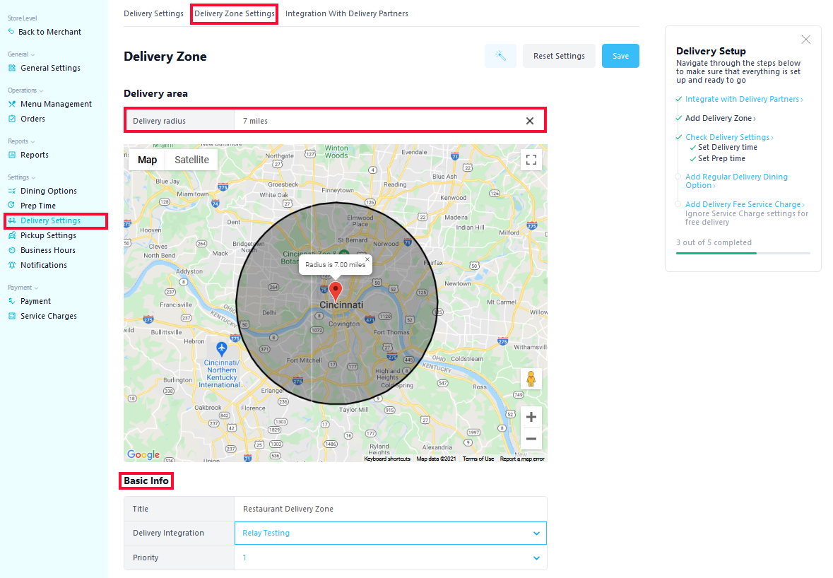 Delivery Zone Settings