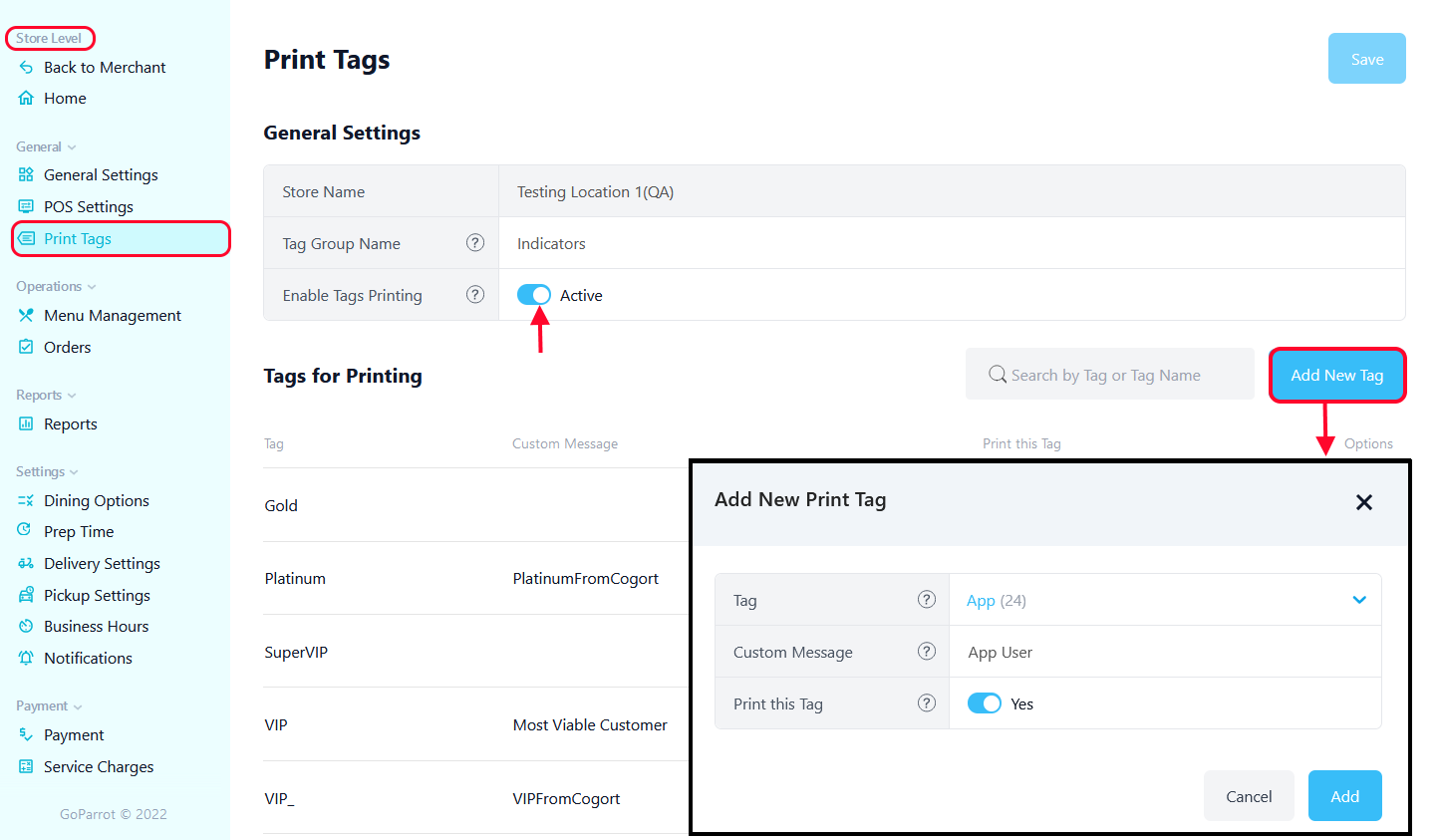 Print Tags Dashboard Settings