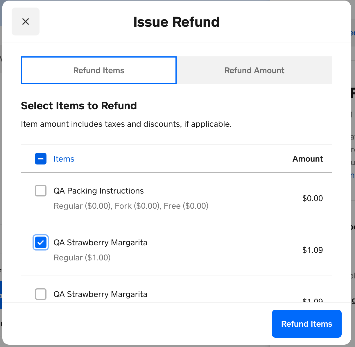 Item refund in Square