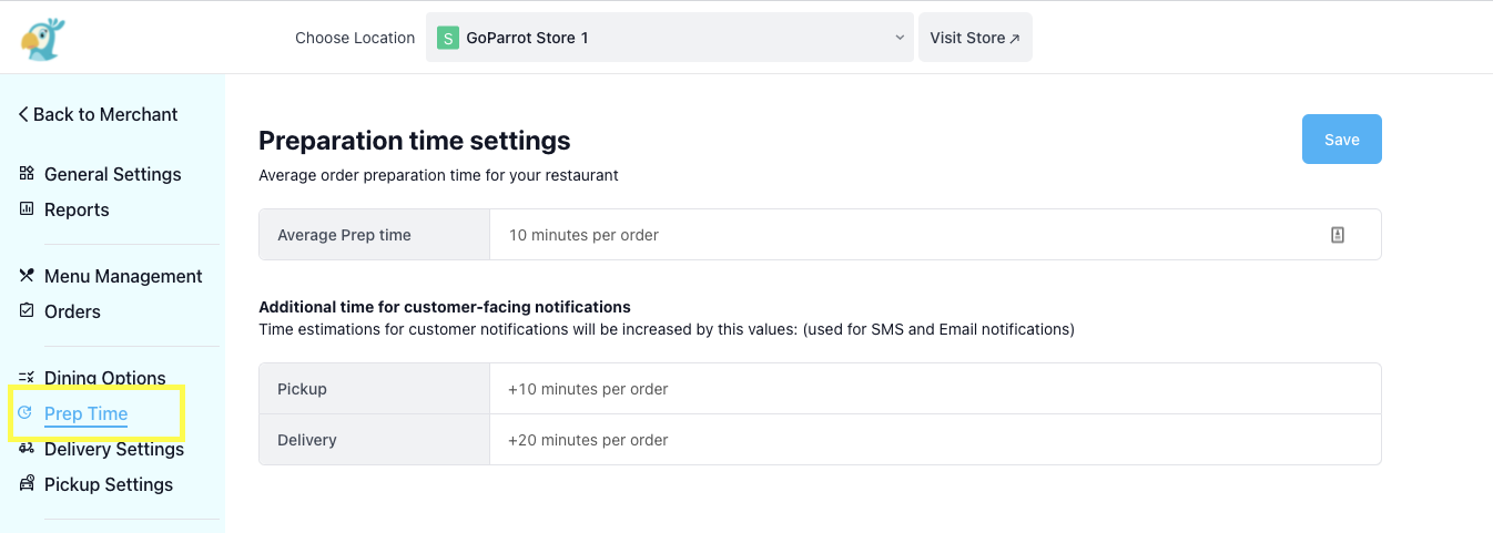 Prep Time section in the Dashboard