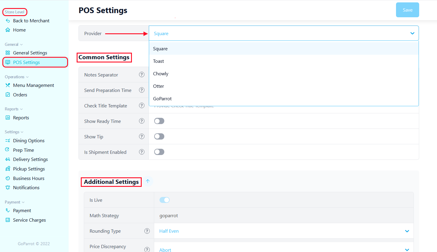 POS Settings via Dashboard